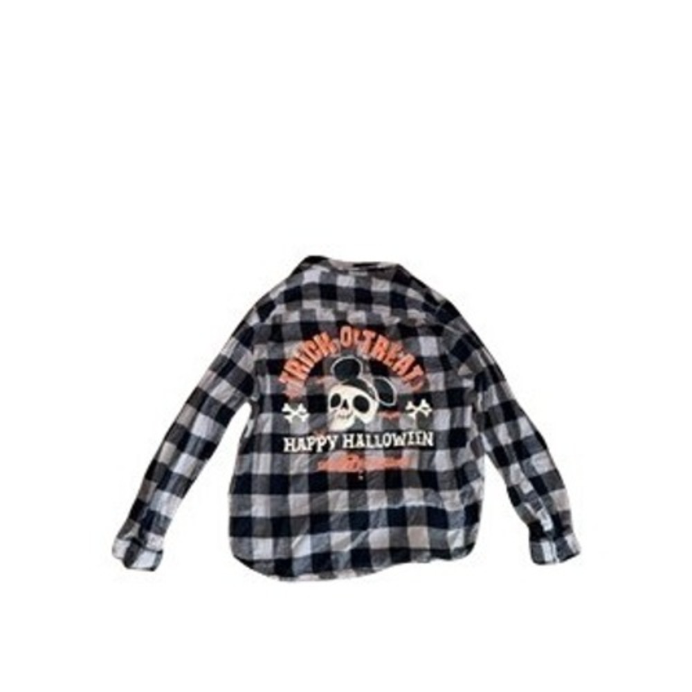 Disney Parks Mickey Mouse Skull Halloween Flannel Shirt Plaid Grey Black XL